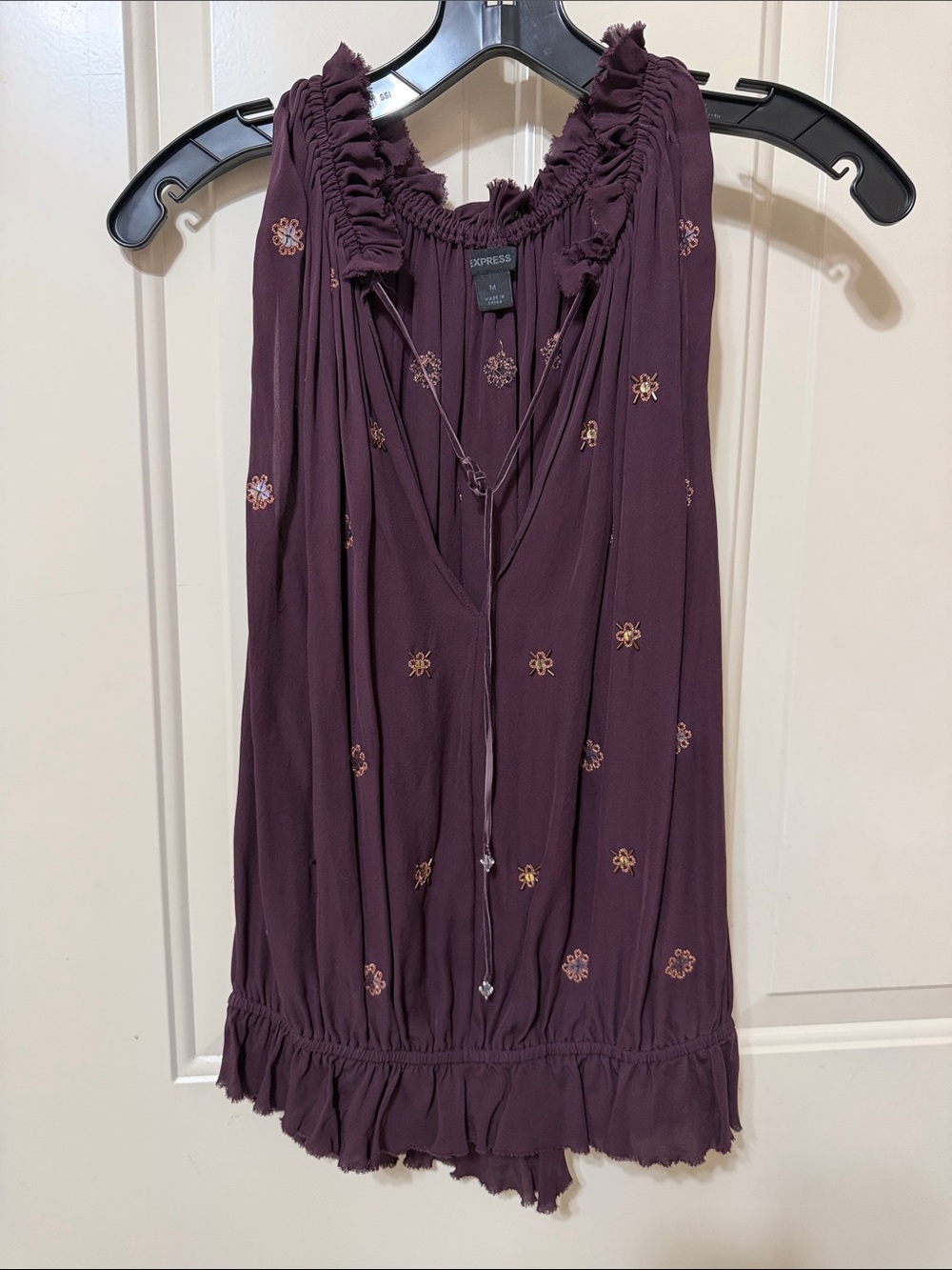 Express Silk Embroidered Ruffle-Trim Plum Camisole
